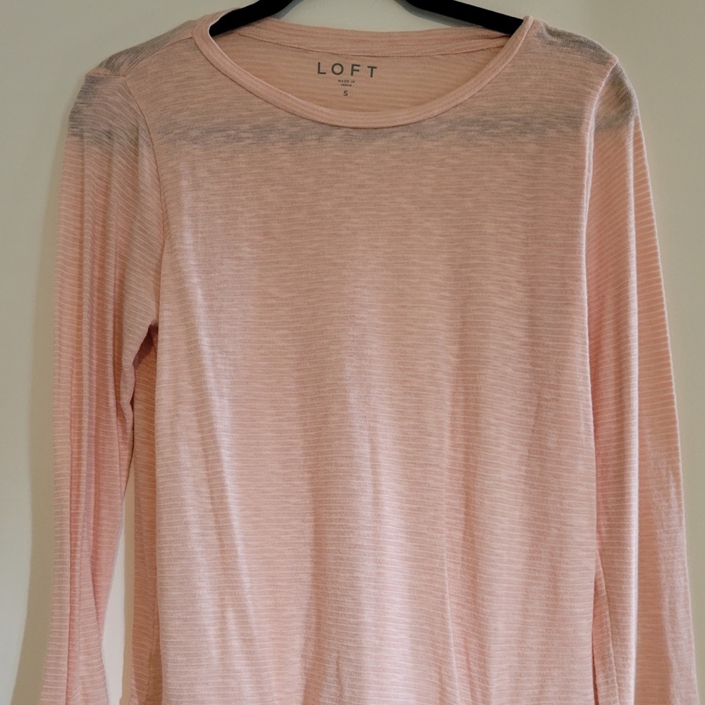 Loft pink pinstripe sheer blouse, knotted side
